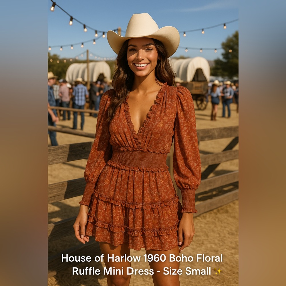 House of Harlow 1960 Rust Floral Ruffle Long Sleeve Mini Dress